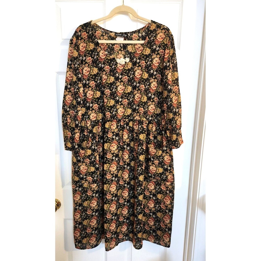 More Jazz Vtg Women's Dress Sz 2X Fall Floral Long Sleeve Pockets Cottage Core